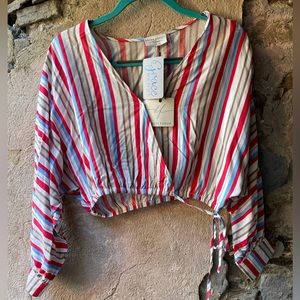 ✨NEW✨ Boutique Striped Long-sleeve Cropped V-Neck Blouse with Tie on Side